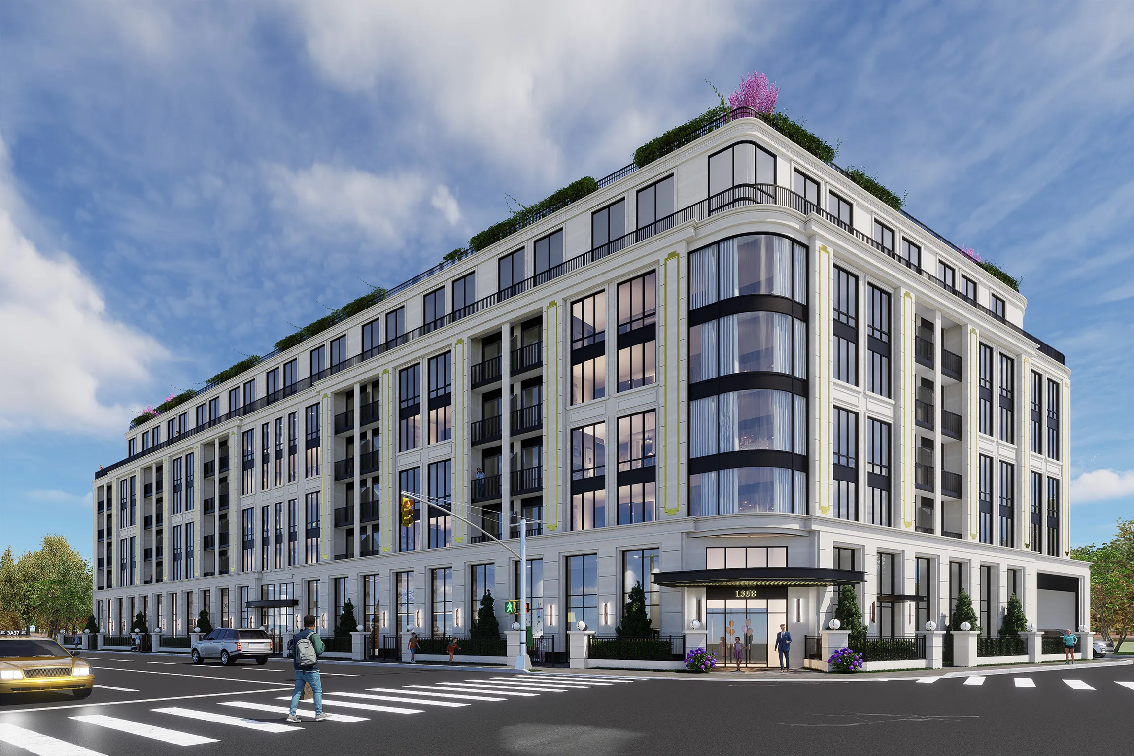 Rendering of Regency Lawrence Manor's cream-stone facade and rounded corner at an intersection.