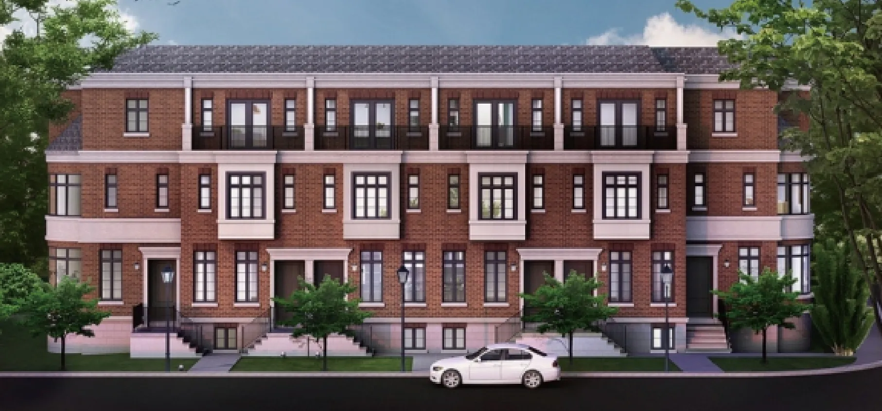 Rendering of the red-brick townhome row seen from across the street.