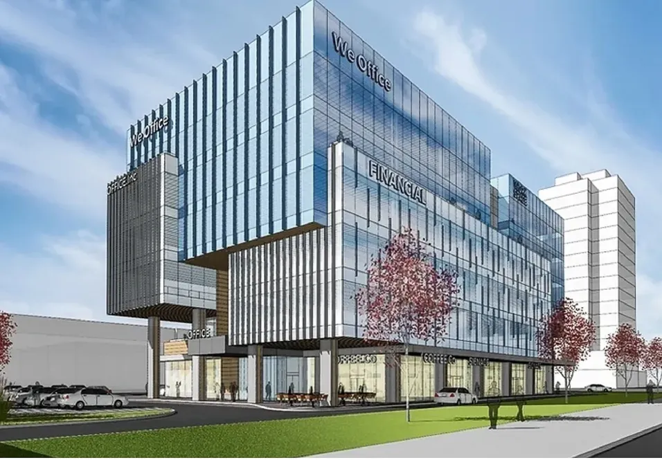 Rendering of Markham Element Centre's glass office building with vertical fins.