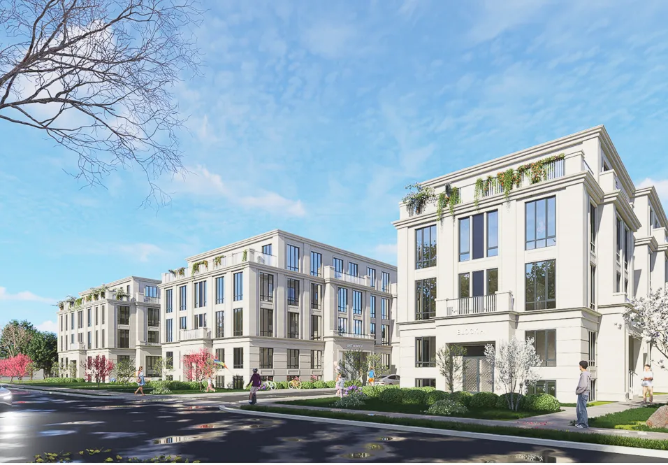 Rendering of cream stone townhome blocks with rooftop greenery at a street corner.