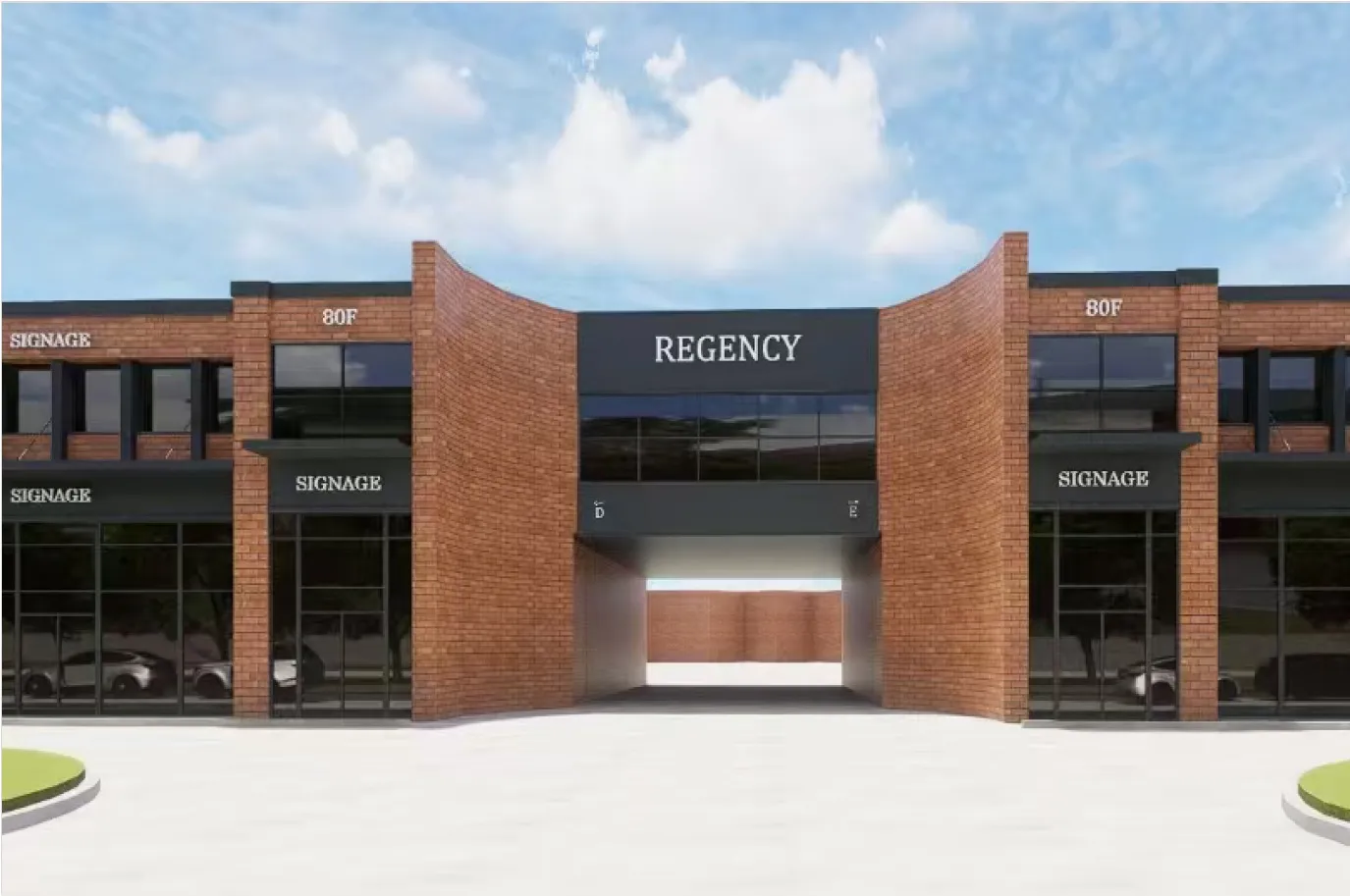 Rendering of Regency Wellness Center Markham's red-brick frontage with curved walls at the entrance.