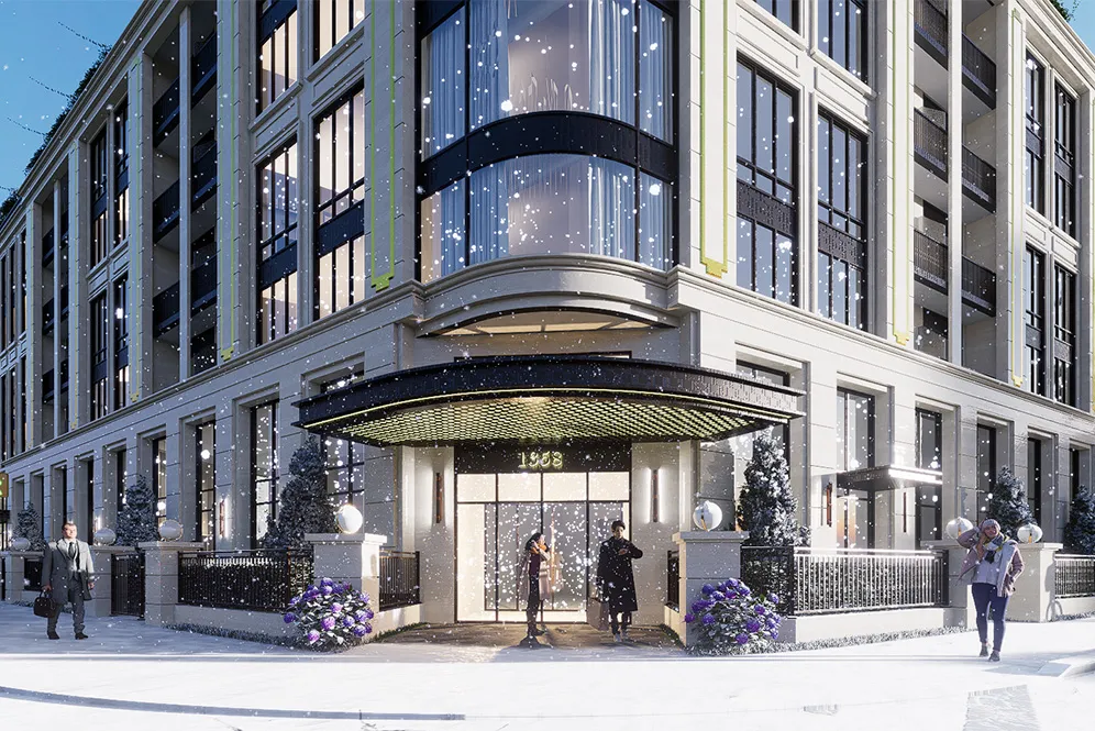 Rendering of the canopied corner entrance in falling snow.