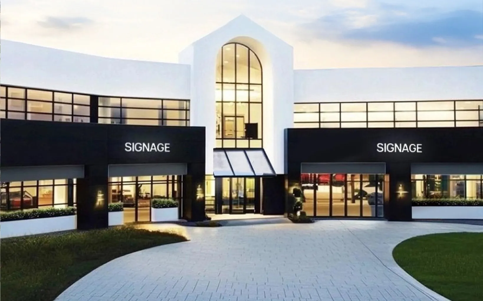 Rendering of Markham Distribute Center's white facade with a tall arched glass entrance.