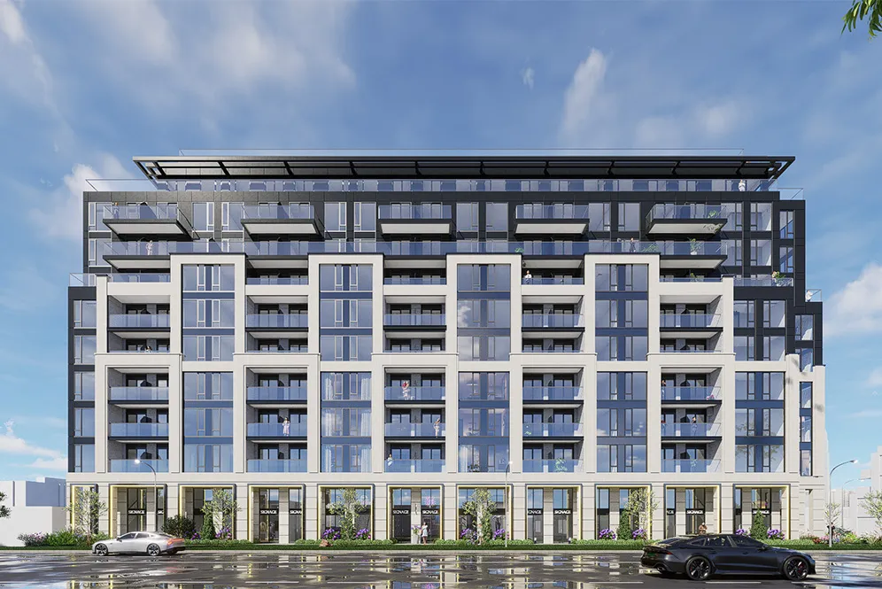 Rendering of Clanton Park's mid-rise condominium with a light stone frame and street-level shops.
