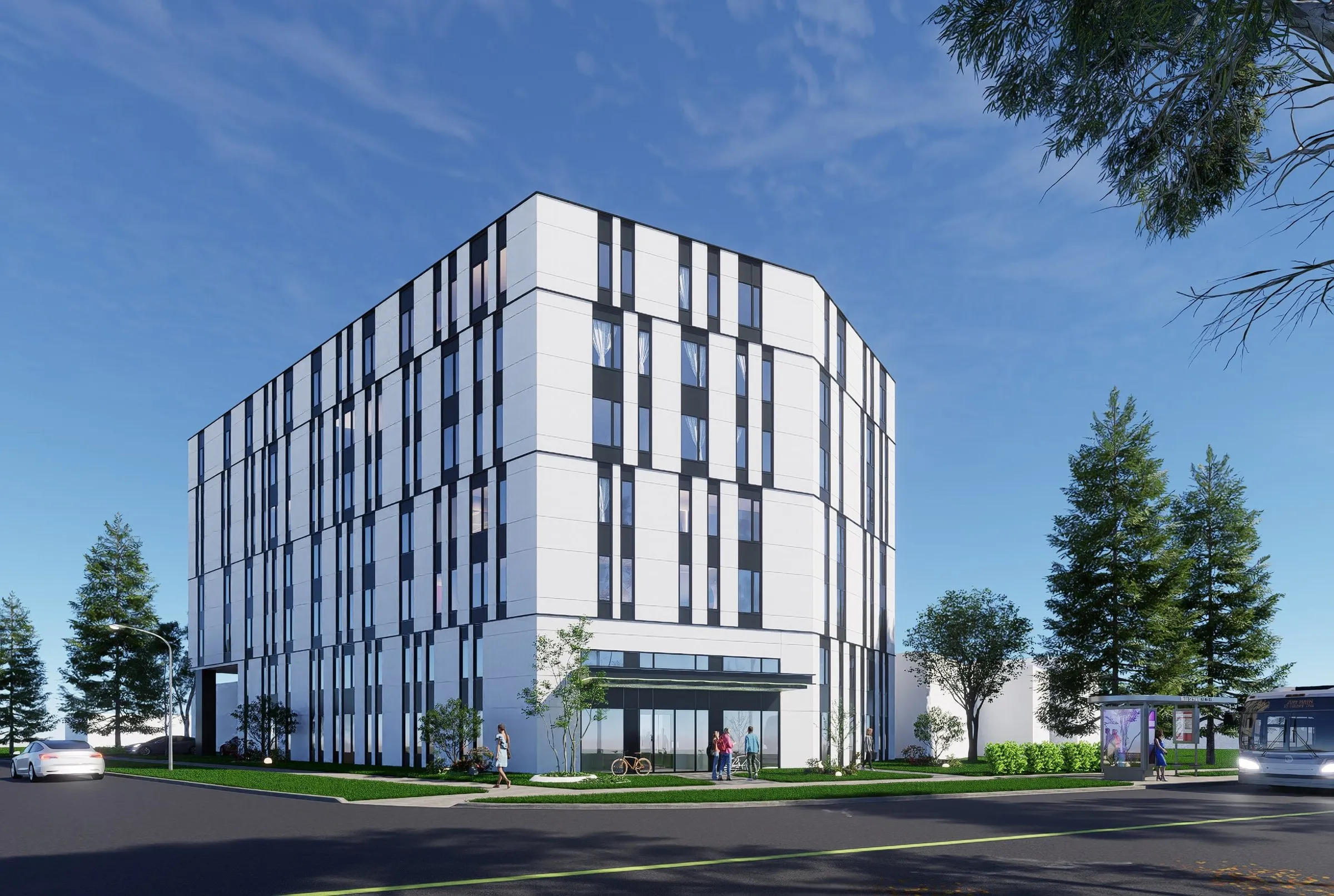 效果圖：UTSC Student Rental Project 的白色中層大樓，旁設巴士站。