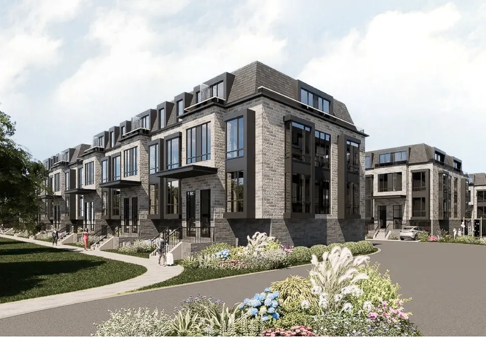 Rendering of a townhome row behind a landscaped corner with flowering shrubs.