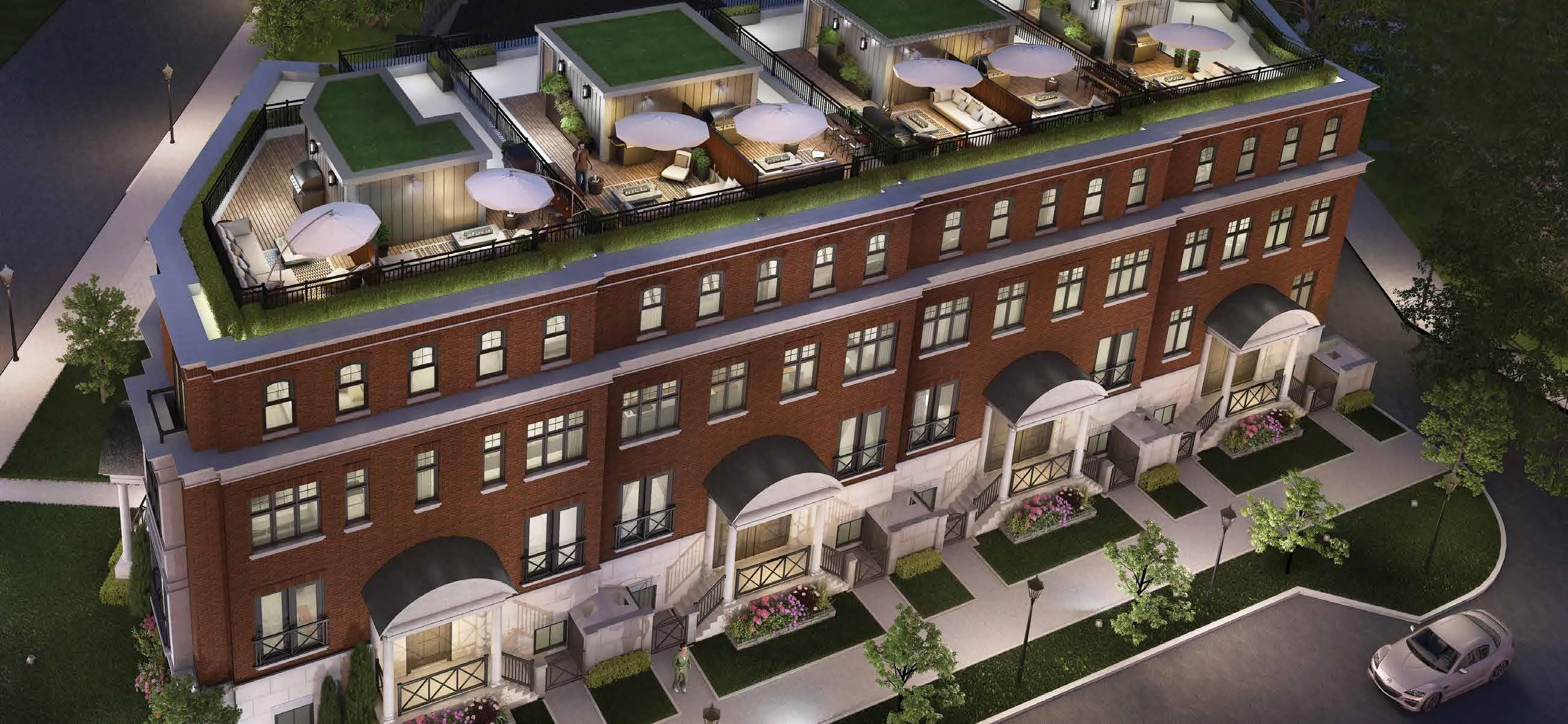 Rendering of the townhomes from above, showing private rooftop terraces.