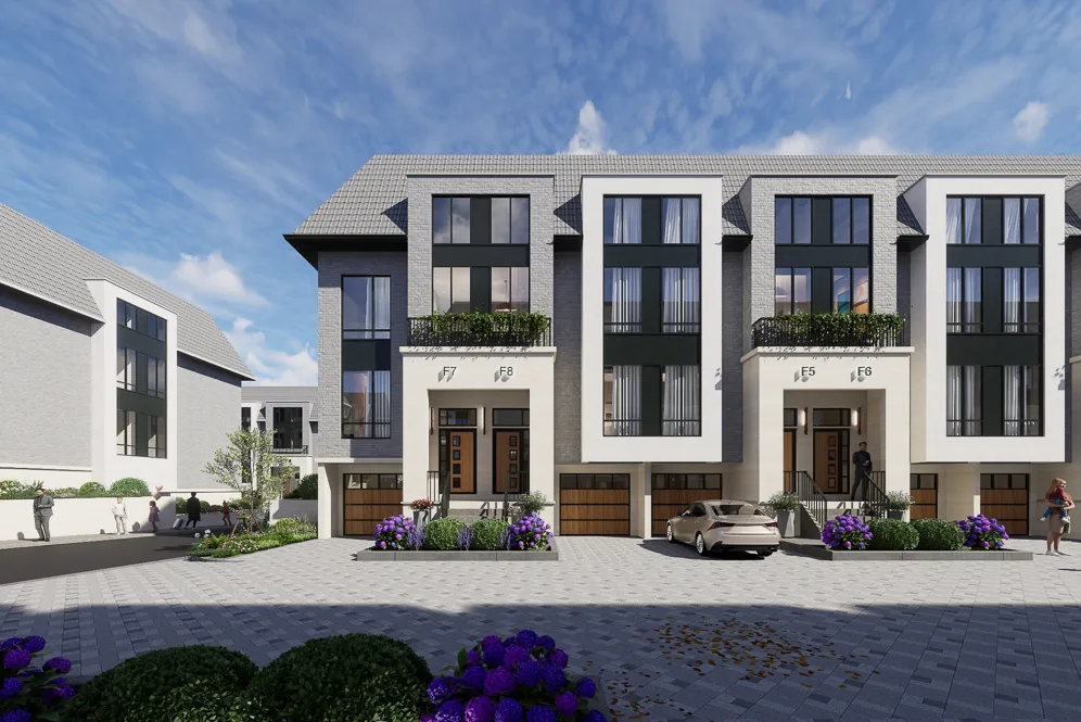 Rendering of a townhome block with wood garage doors and a paved forecourt.