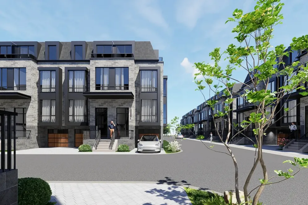 Rendering of townhomes with ground-level garages facing a paved lane.