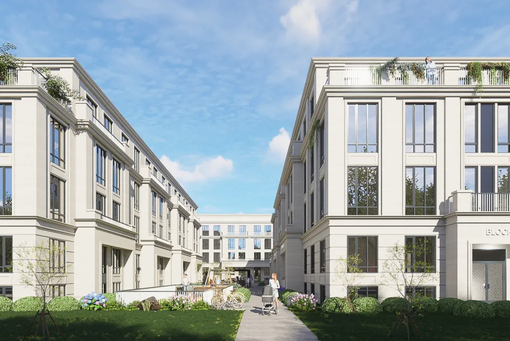 Rendering of a landscaped walkway between two townhome blocks leading to a courtyard.