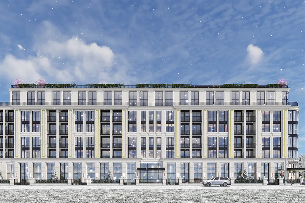 Rendering of the full street facade in a winter setting.