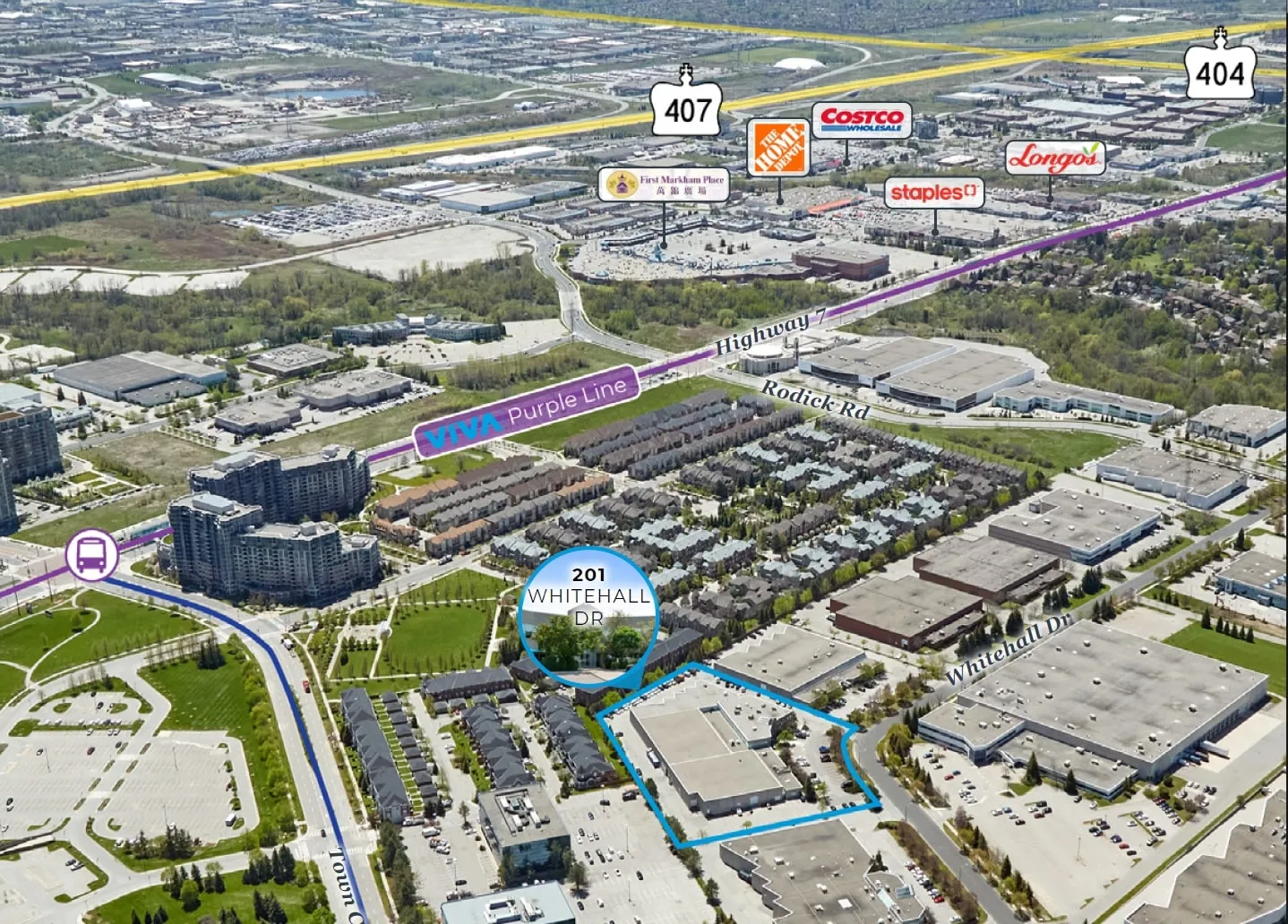 Photo of an annotated aerial map placing 201 Whitehall Dr near Highway 7.