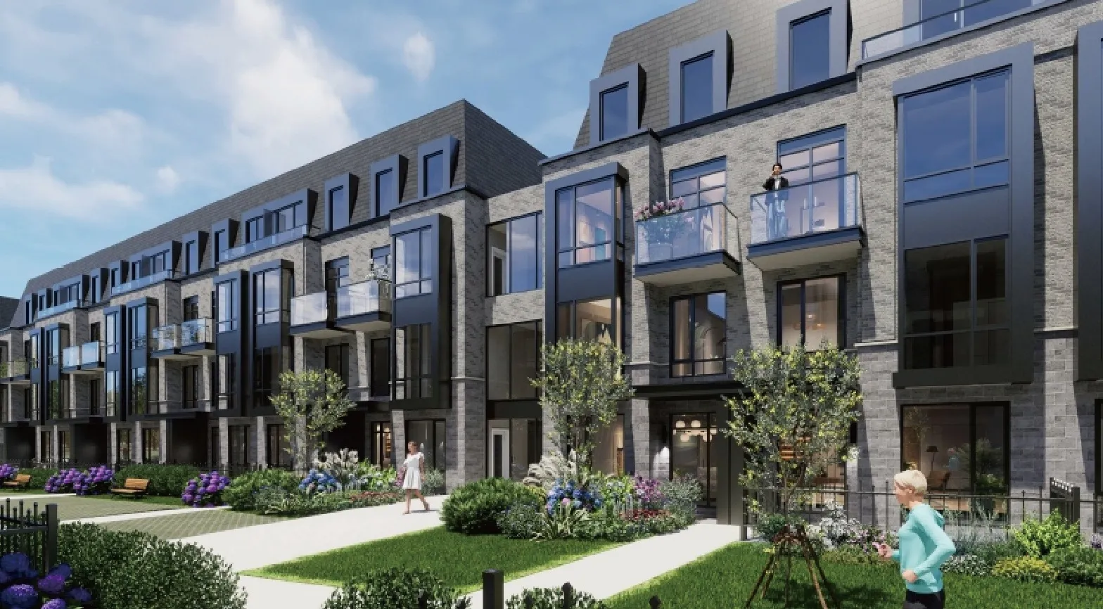 Rendering of Parkcrest's modern townhomes with balconies overlooking landscaped front gardens.