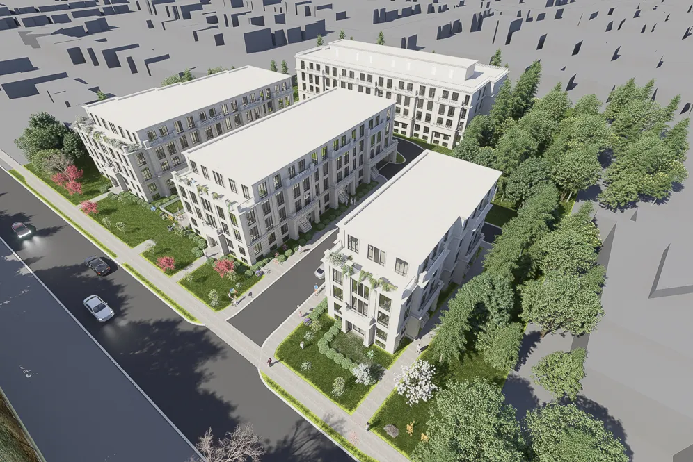 Rendering of four townhome blocks from above, beside a street and mature trees.