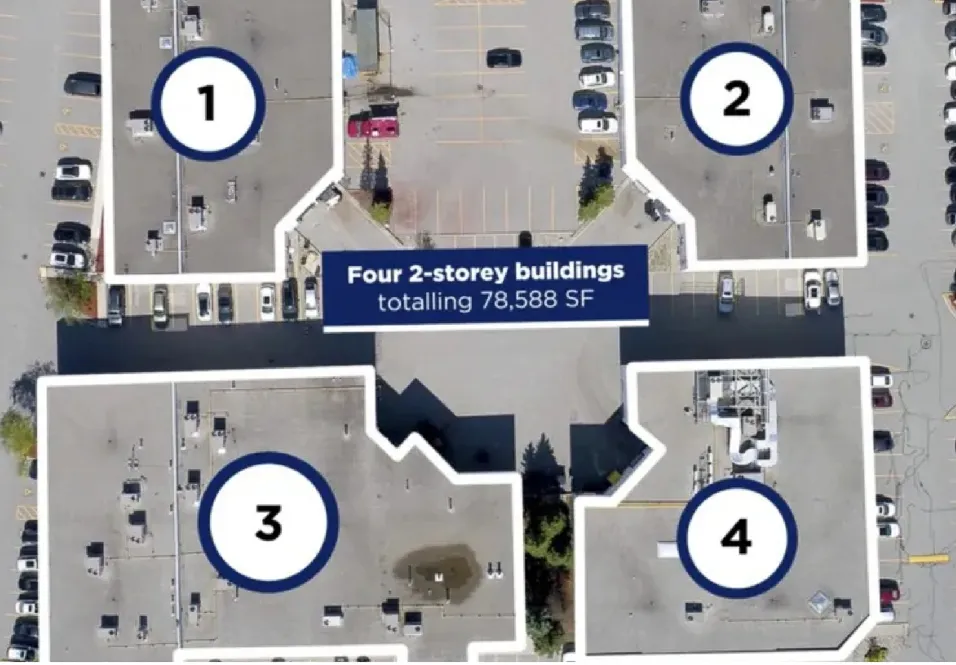 Photo of the site from above, with the four buildings numbered 1 to 4.