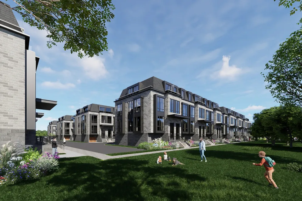 Rendering of townhome blocks beside an open lawn where children play.
