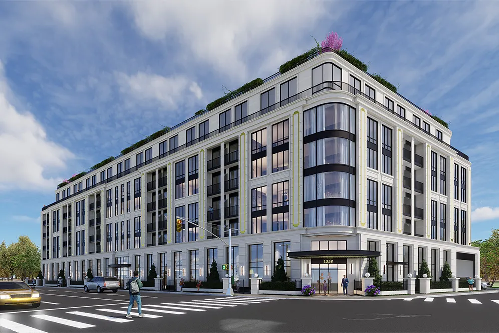 Rendering of the rounded corner above a pedestrian crosswalk.