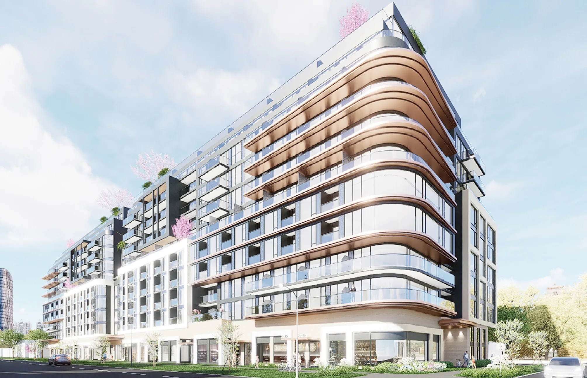 Rendering of Willowdale West's mid-rise condominium with curved balconies on a wide street.
