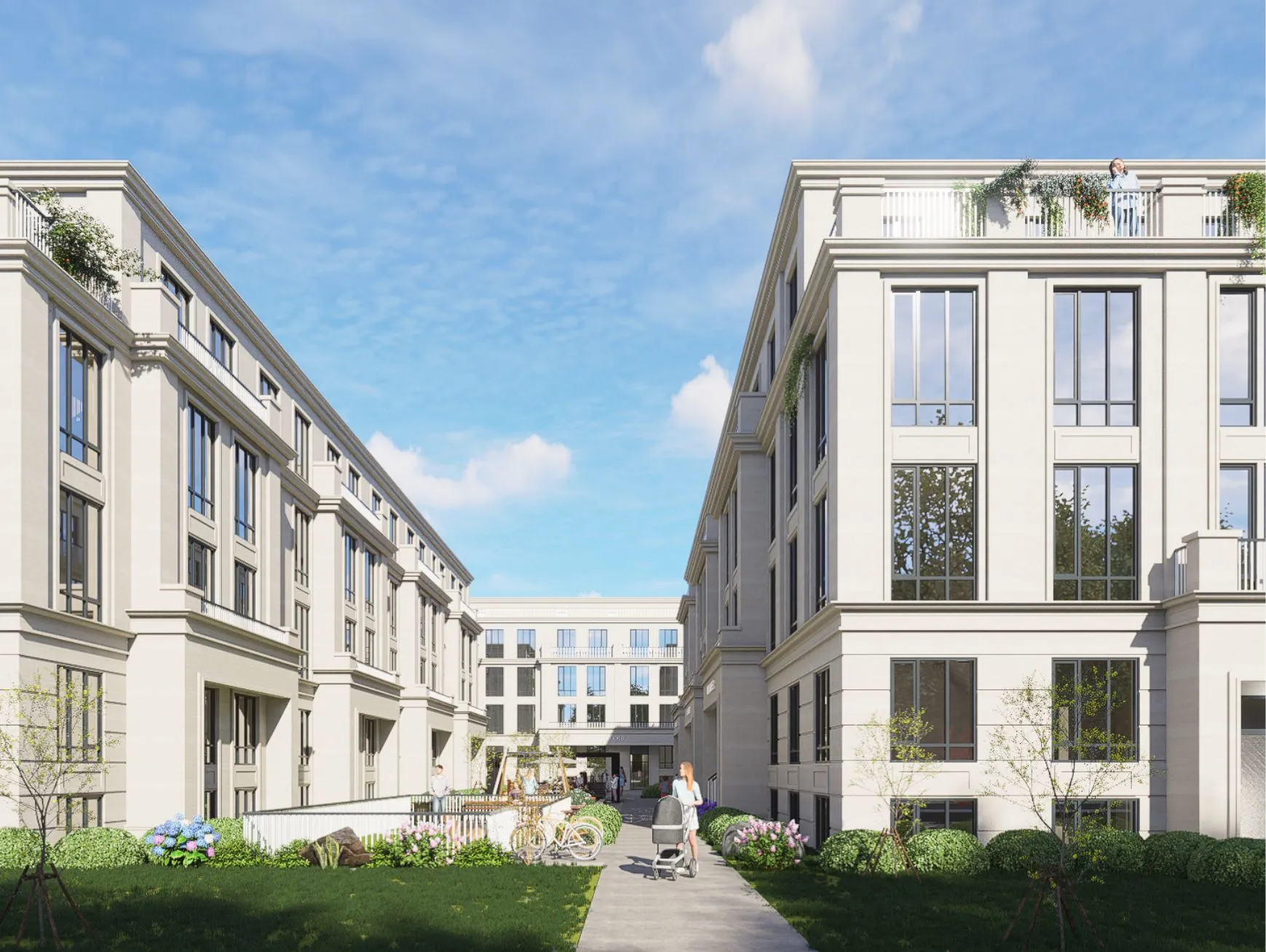 Rendering of a garden path between classical facades, with a parent pushing a stroller.