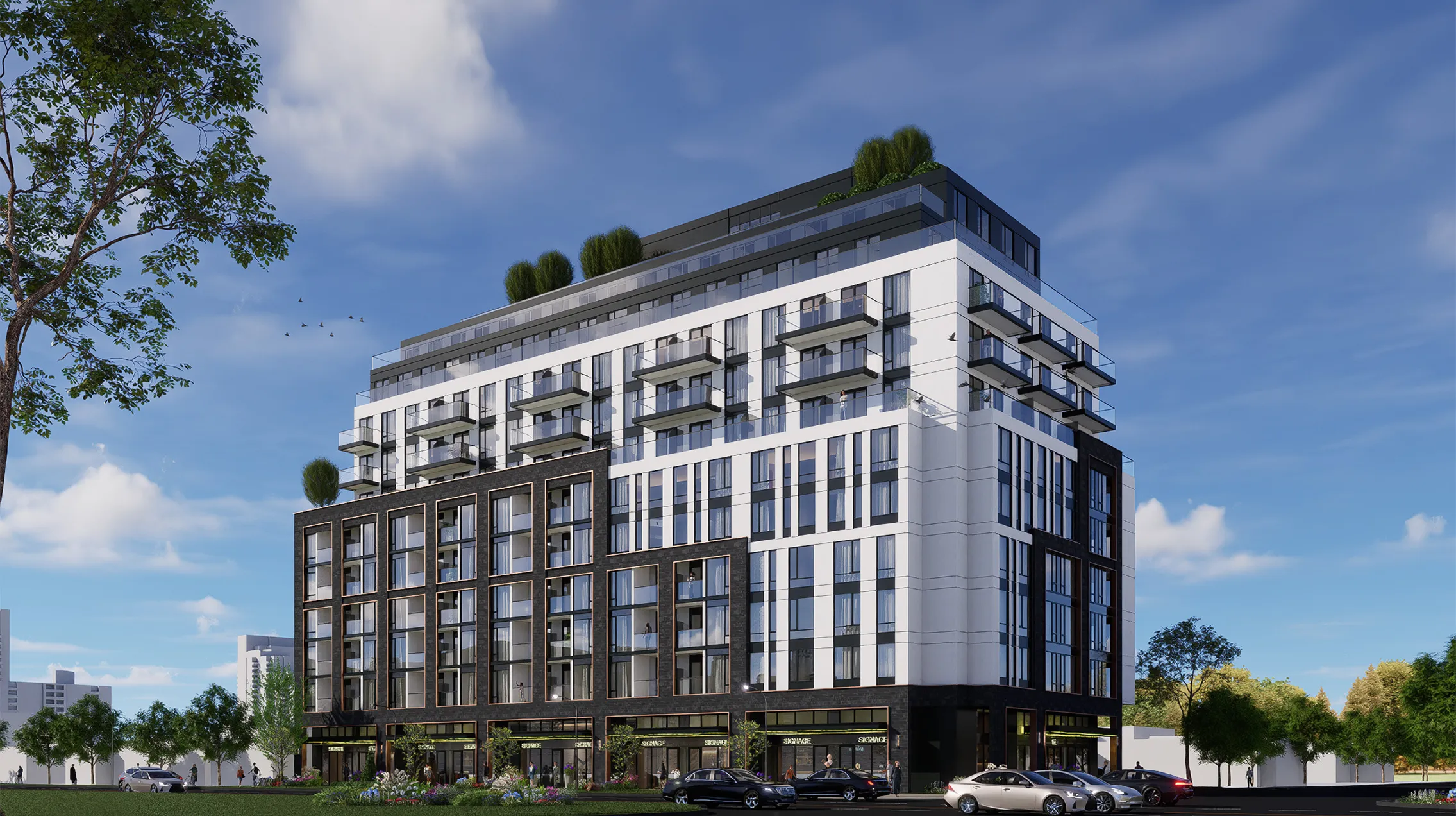 Rendering of Newtonbrook East's condominium with a dark-brick base and white upper floors.