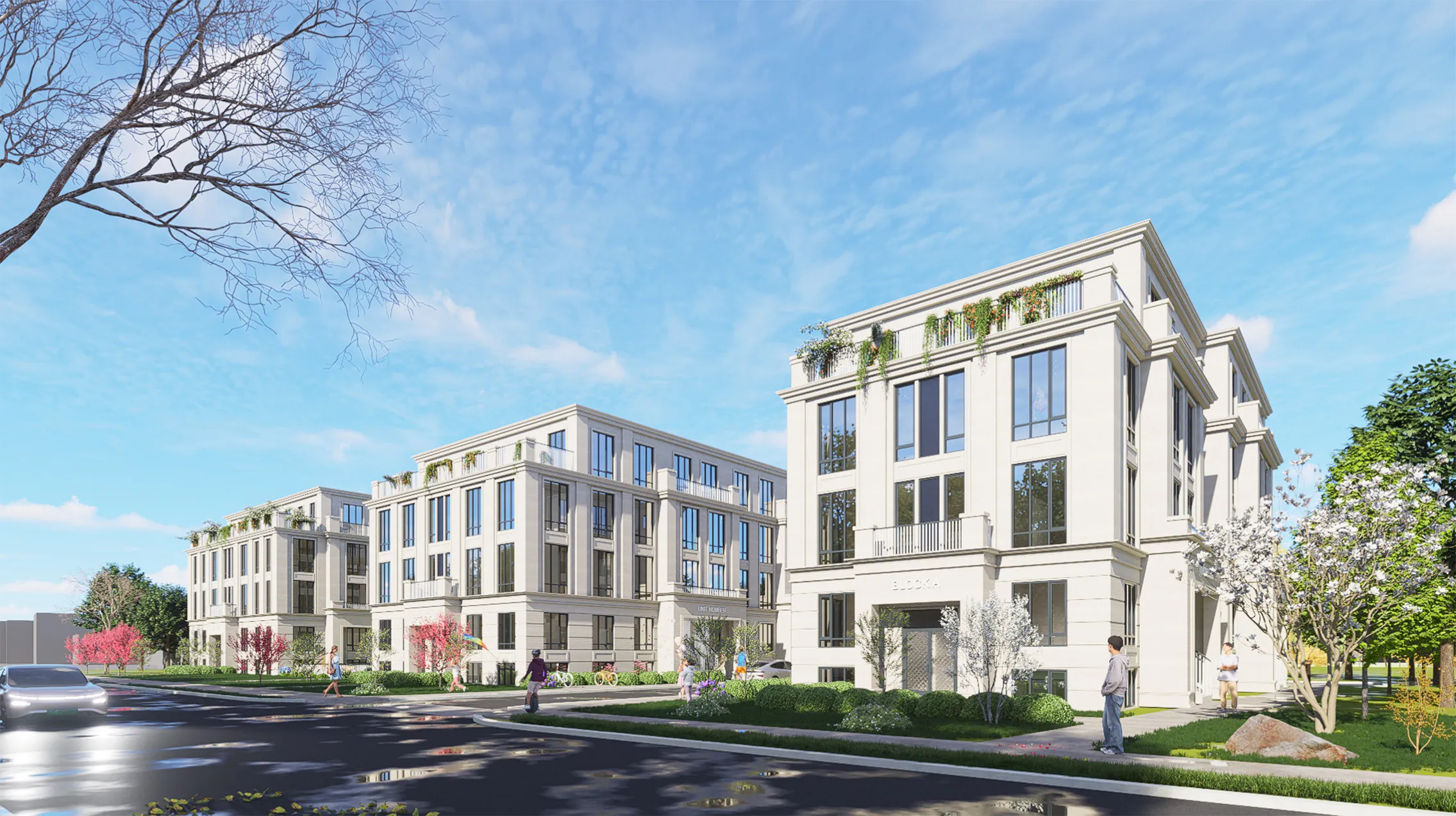 Rendering of Centre Park's cream stone townhome blocks at a street corner.