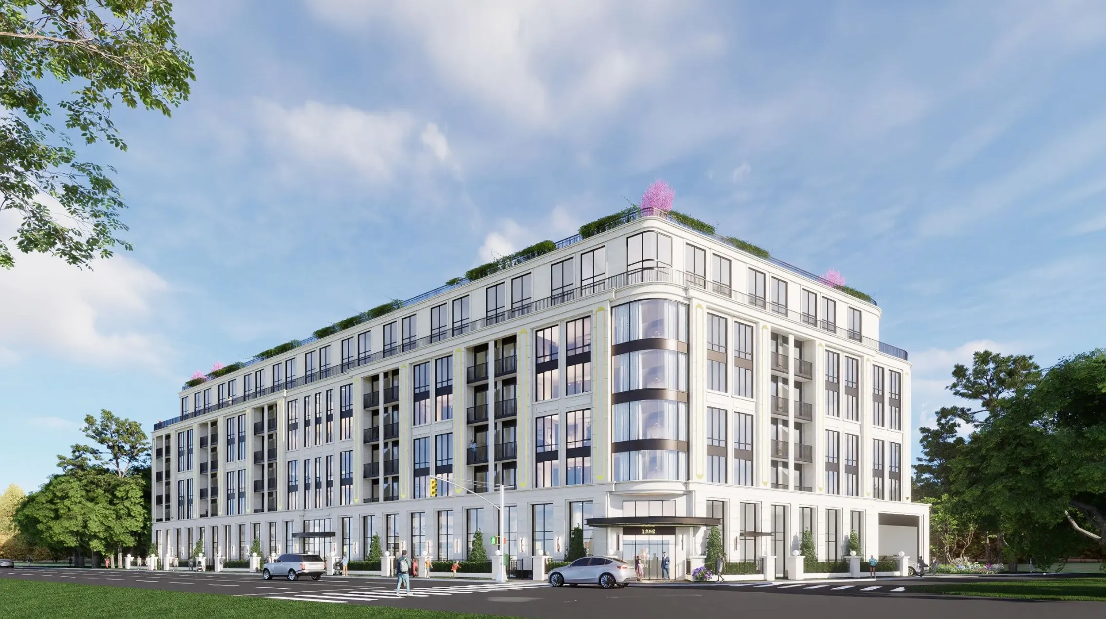 Rendering of the building from across the street, framed by trees.